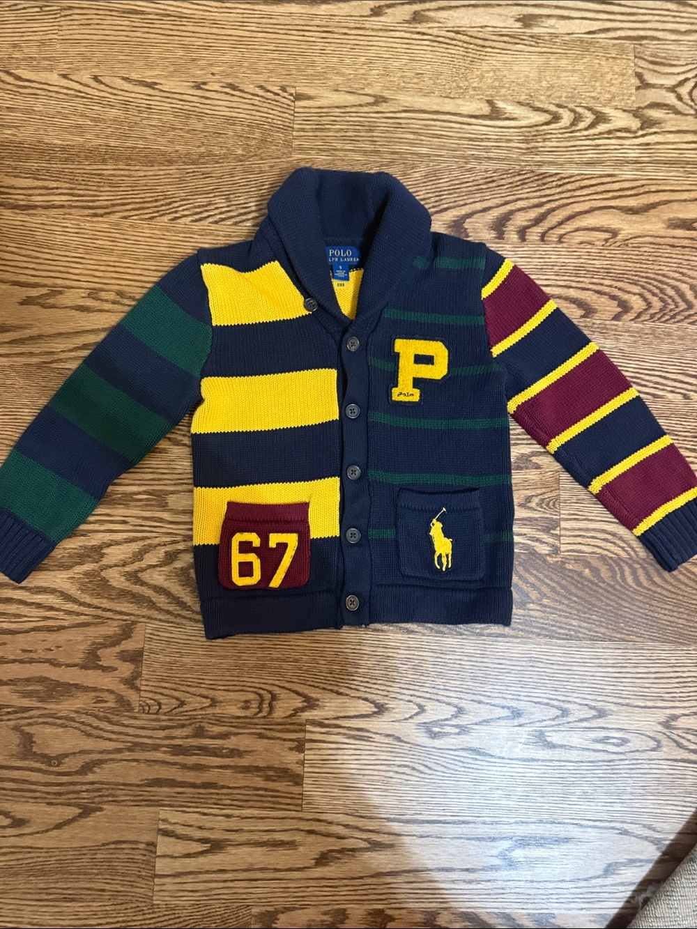 Polo by Ralph Lauren Boys Navy, Yellow, Green & Burgundy Striped Cardigan